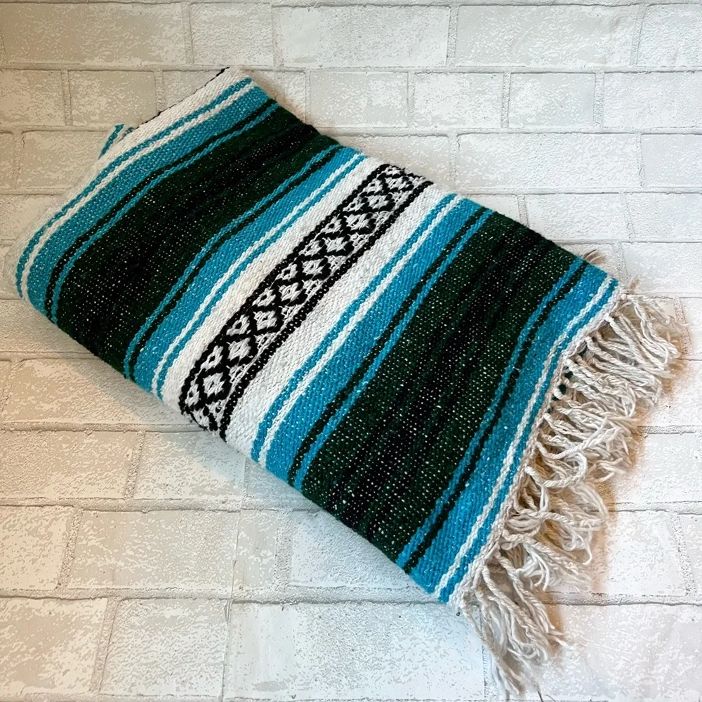 Authentic Mexican Falsa Blanket Turquoise Green Boho Yoga Picnic Throw